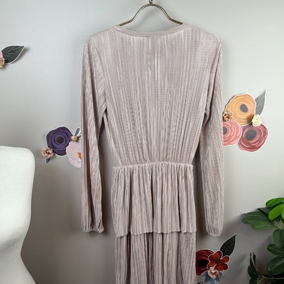 Zara Pleated Tiered Champaign Sheen Long Sleeve Dress - Size - Small - Picture 4 of 6